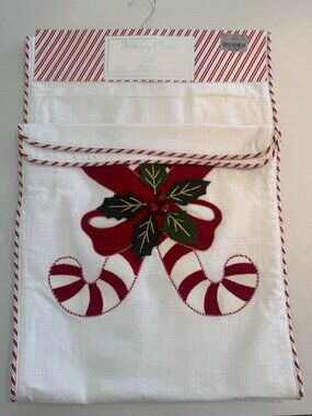 NWT Holiday Cheer Christmas Table Runner 16x90 Candy Cane Holly Embroidered Cott